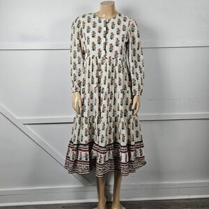 Ro's Garden Womens Floral Block Print Cotton Tiered Midi Dress Long Sleeve M